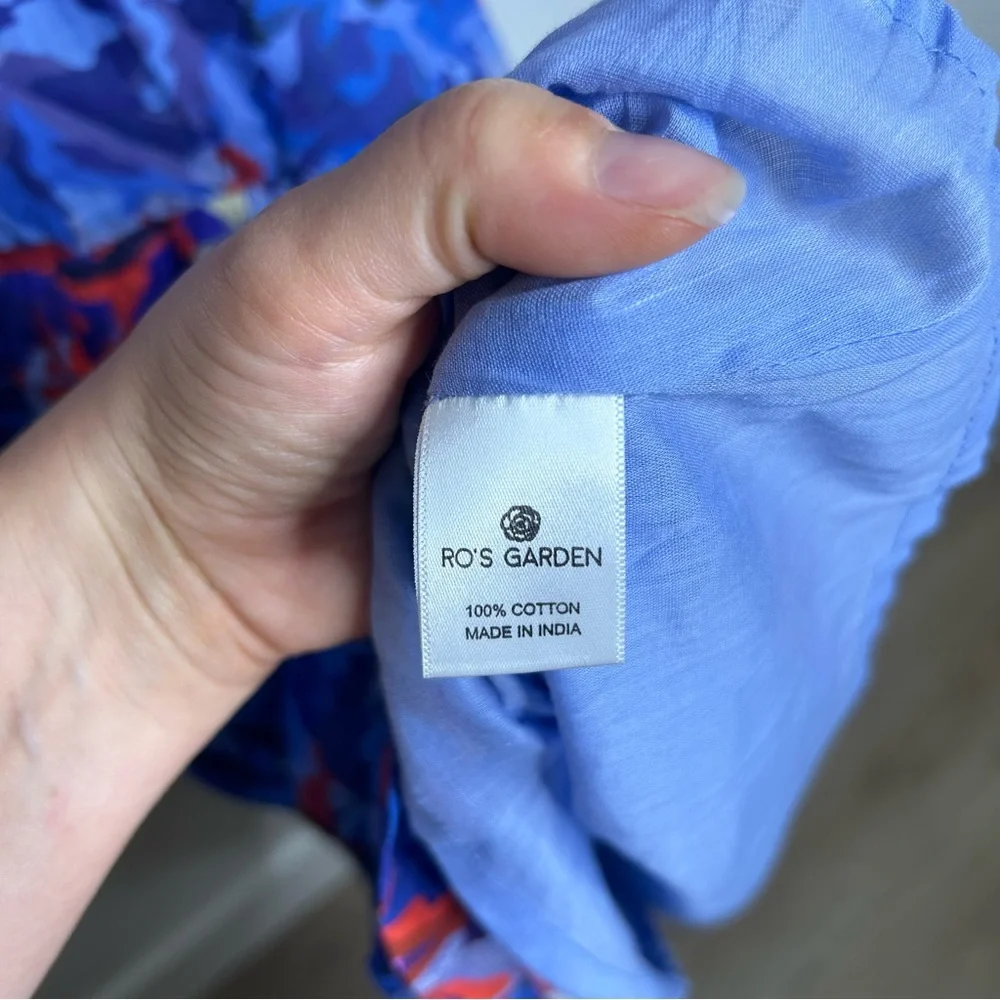 NWT Ro's Garden 100% Cotton Blue Red Floral Puff Sleeve Nieves Maxi Dress Small